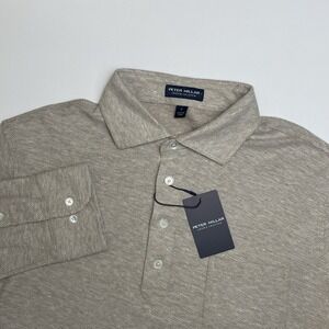 NEW Peter Millar Croxley Polo Shirt Small L/S Truffle Beige Linen Blend Tailored